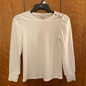 LOFT Cream Ribbed Long-Sleeve Top with Gold Shoulder Buttons